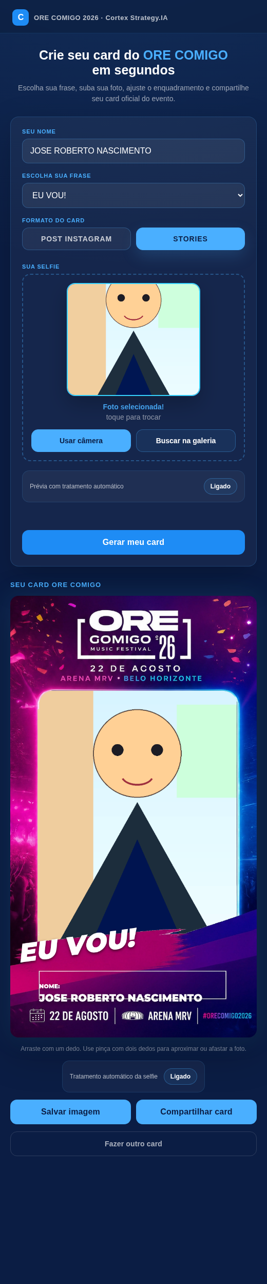 Exemplo de card Stories ORE COMIGO